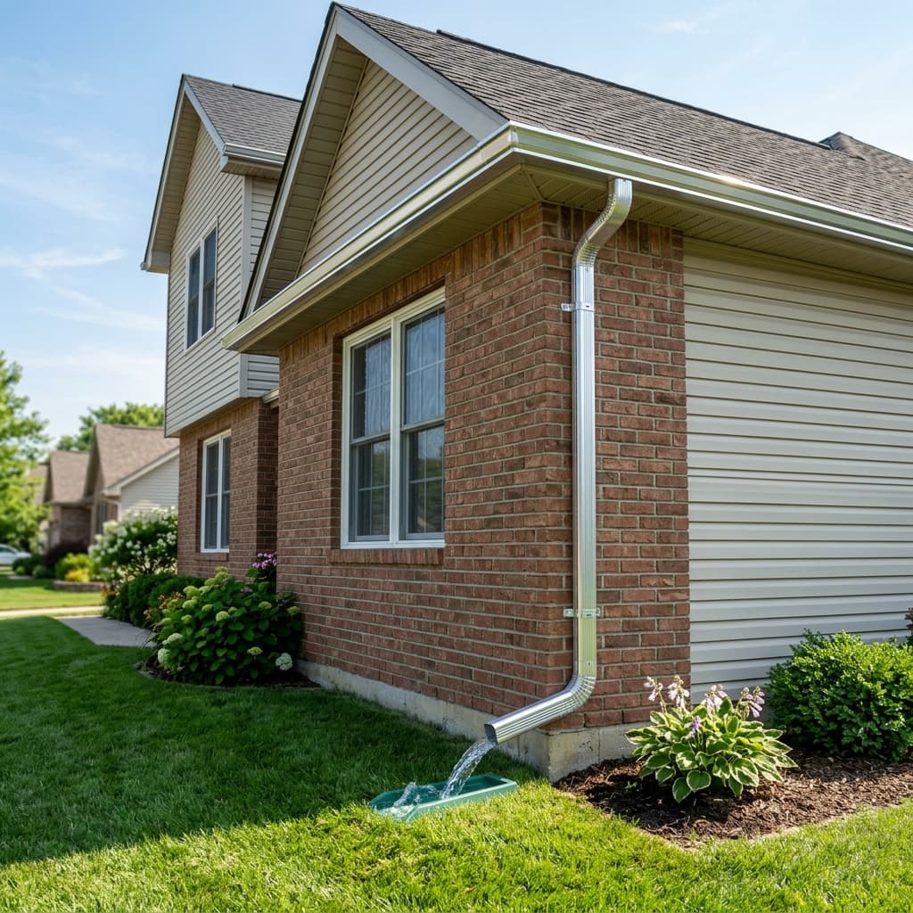 Clean aluminum eavestroughs and downspout on a residential home with water flowing properly