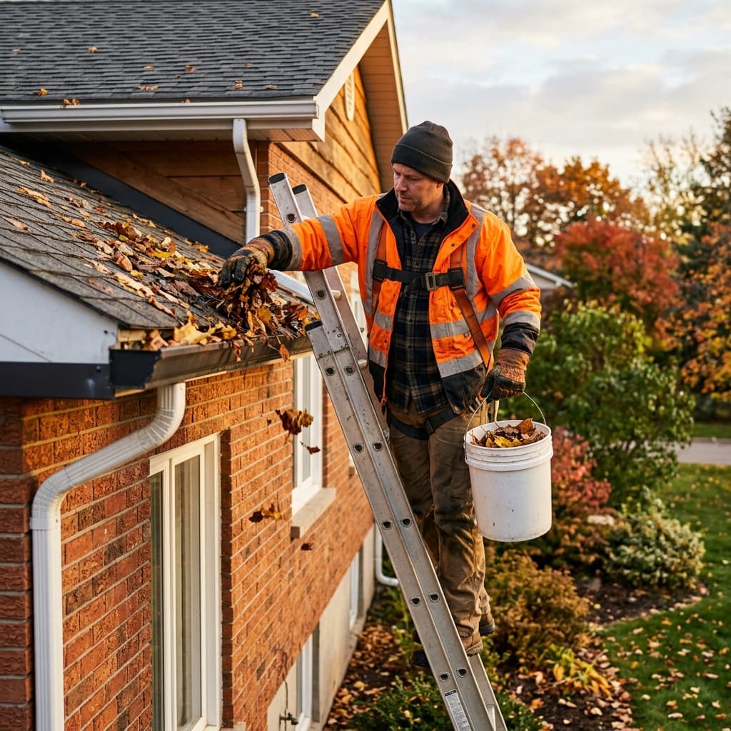 Professional eavestrough cleaning technician removing leaves from residential gutters